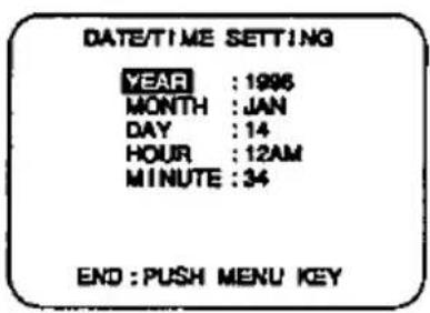 DATE/TIME SETTING YEAR : 1996 MONTH : JAN DAY : 14 HOUR : 12AM MINUTE : 34 END : PUSH MENU KEY