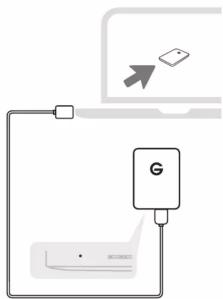 Diagram showing a device labeled 'G' connected to a laptop screen with an arrow icon, likely illustrating a network or system interface.