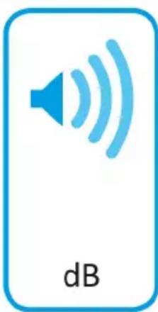 Blue speaker icon with sound waves, labeled 'dB' below (no additional text or symbols)