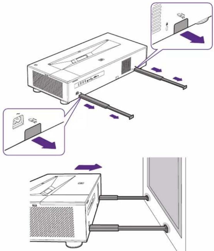 Diagram illustrating the process of inserting a projector into a wall-mounted device, with labeled arrows indicating component movement.