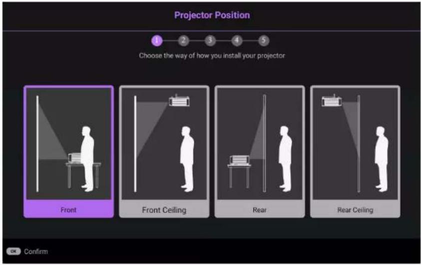 Projector Position Choose the way of how you install your projector Front Front Ceiling Rear Rear Ceiling OK Confirm