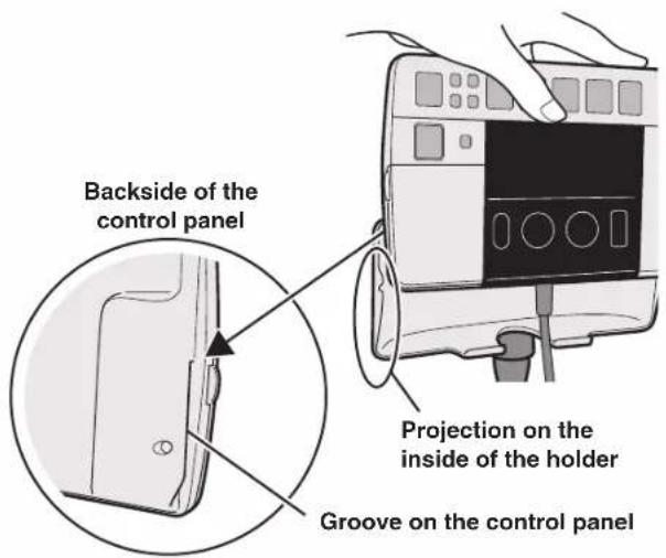 Backside of the control panel. Projection on the inside of the holder. Groove on the control panel.