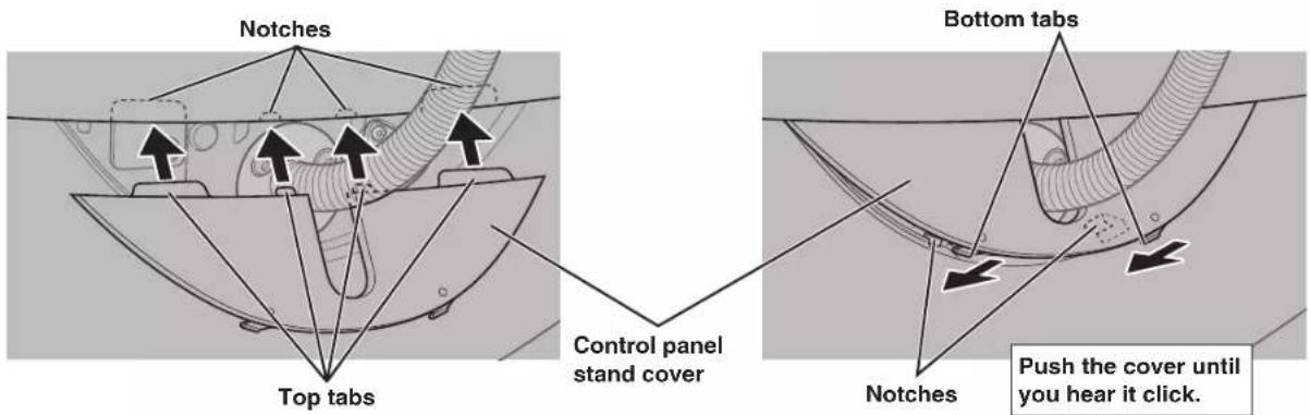 Notches. Top tabs. Control panel stand cover. Bottom tabs. Notches. Push the cover until you hear it click.