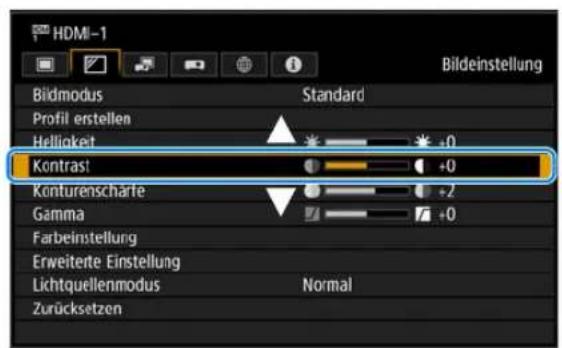 HDMI-1 Bildeinstellung Bildmodus Standard Profil erstellen Helligkeit +0 Kontrast +0 Konturenschärfe +2 Gamma +0 Farbeinstellung Erweiterte Einstellung Lichtquellenmodus Normal Zurücksetzen