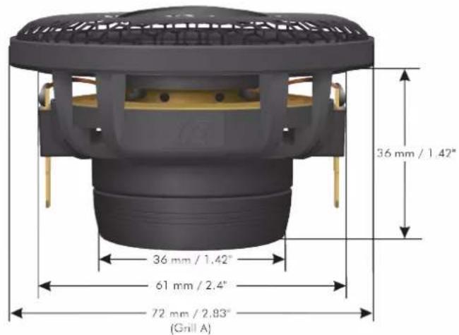 36 mm / 1.42" 36 mm / 1.42" 61 mm / 2.4" 72 mm / 2.83" (Grill A)