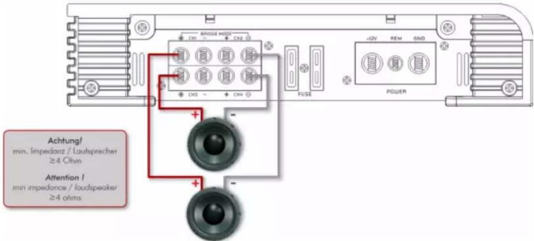 BRIDGE MODE + CH2 ~ + CH2 0 + CH2 ~ + CH4 + Achtung! min. Impedanz / Laufsprecher ≥4 Ohm Attention ! min impedance / loudspeaker ≥4 ohms