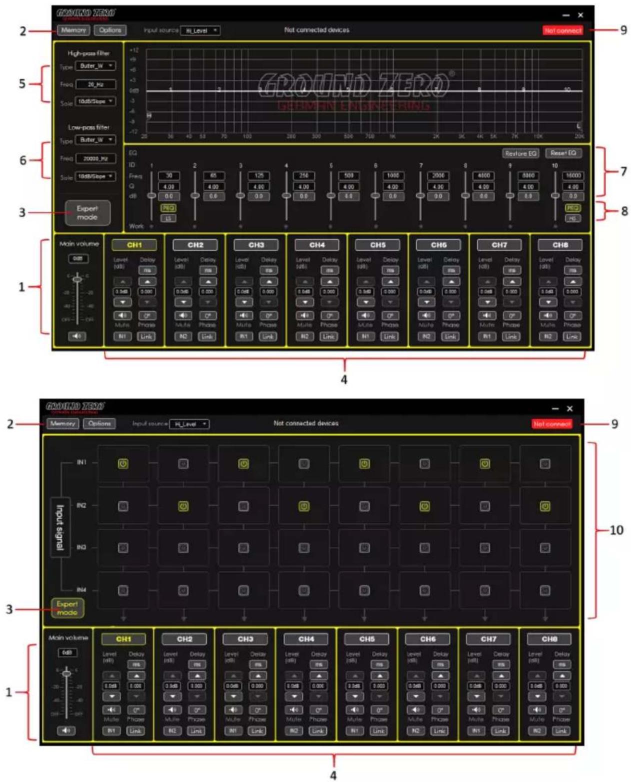 GROUND ZERO GEO-MAN BISCUITERS Memory Options Input source Hi-Level Not connected devices Not connect High-pass filter Type Butter_W Freq 20 Hz Sole 10dB/Step Low-pass filter Type Butter_W Freq 20000 Hz Sole 10dB/Step EQ ID Freq Q dB RQ Work 1 Main volume CH1 CH2 CH3 CH4 CH5 CH6 CH7 CH8 Level (dB) Delay ms Level (dB) Delay ms Level (dB) Delay ms Level (dB) Delay ms Level (dB) Delay ms Level (dB) Delay ms Level (dB) Delay ms Level (dB) Delay ms Level (dB) Delay ms Level (dB) Delay ms Level (dB) Delay ms Level (dB) Delay ms Level (dB) Delay ms Level (dB) Delay ms Level (dB) Delay ms Main volume CH1 CH2 CH3 CH4 CH5 CH6 CH7 CH8 Input signal IN1 IN2 IN3 IN4 Export mode Level (all) Delay ms 0.068 0.000 0.948 0.000 Mulse Phase RE Links R1 Link R2 Link R3 Link R4 Link R5 Link R6 Link R7 Link R8 Link R9 Link R10 Link R11 Link R12 Link R13 Link R14 Link R15 Link R16 Link R17 Link R18 Link R19 Link R20 Link R21 Link R22 Link R23 Link R24 Link R25 Link R26 Link R27 Link R28 Link R29 Link R30 Link R31 Link R32 Link R33 Link R34 Link R35 Link R36 Link R37 Link R38 Link R39 Link R40 Link R41 Link R42 Link R43 Link R44 Link R45 Link R46 Link R47 Link R48 Link R49 Link R50 Link R51 Link R52 Link R53 Link R54 Link R55 Link R56 Link R57 Link R58 Link R59 Link R60 Link R61 Link R62 Link R63 Link R64 Link R65 Link R66 Link R67 Link R68 Link R69 Link R70 Link R71 Link R72 Link R73 Link R74 Link R75 Link R76 Link R77 Link R78 Link R79 Link R80 Link