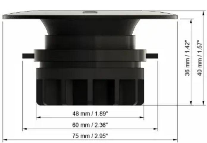 36 mm / 1.42" 40 mm / 1.57" 48 mm / 1.89" 60 mm / 2.36" 75 mm / 2.95"