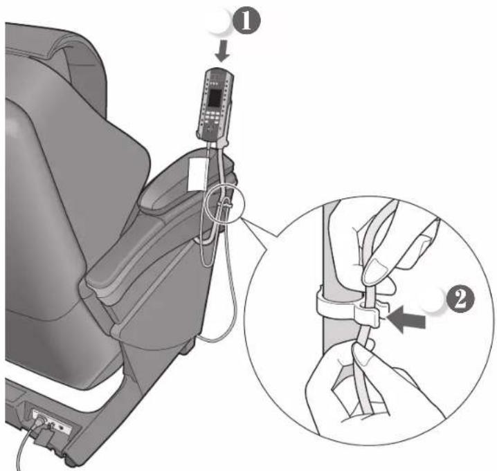 Diagram showing a car seatbelt device being adjusted for cable or cable fastening, with labeled steps ① and ②.
