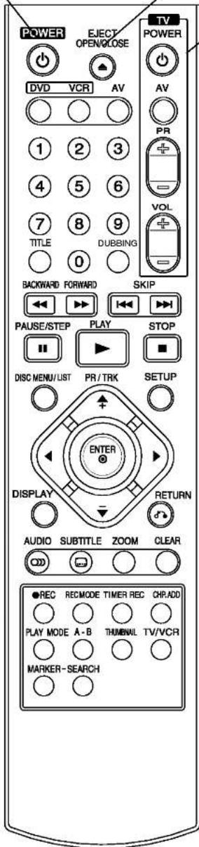POWER EJECT OPEN/CLOSE DV D VCR AV 1 2 3 4 5 6 7 8 9 TITLE DUBBING BACKWARD FORWARD SKIP PAUSE/STEP PLAY STOP DISC MENU/LIST PR/TRK SETUP ENTER DISPLAY RETURN AUDIO SUBTITLE ZOOM CLEAR ●REC REC MODE TIMER REC CHR ADD PLAY MODE A-B THUMBNAIL TV/VCR MARKER SEARCH