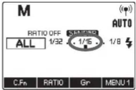 M AUTO RATIO OFF SFN/250 ALL 1/32 . 1/16 . 1/8 C.Fn RATIO Gr MENU 1