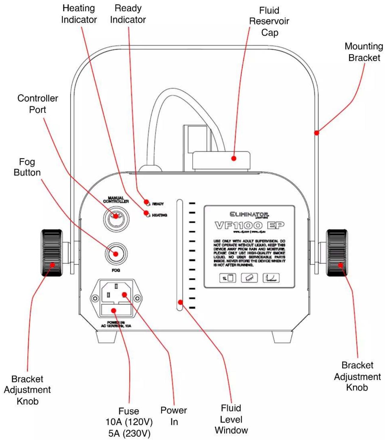 Heating Indicator Ready Indicator Fluid Reservoir Cap Mounting Bracket Controller Port Fog Button MANUAL CONTROLLER READY HEATING FIXER POWER IN AC 120V/50Hz, 10A FIXER BRACKET Adjustment Knob FUSE 10A (120V) 5A (230V) Power In Fluid Level Window ELIMINATOR VF1100 EP www-6.com | www-6.eu USE ONLY WITH ADULT SUPERVISION. DO NOT OPERATE WITHOUT LIQUID. KEEP THIS DEVICE AWAY FROM RAIN AND MOISTURE. PLEASE ONLY USE HIGH-QUALITY SMOKE LIQUID. NO USER SERVICEABLE PARTS INSIDE. NEVER STORE THE DEVICE WHEN IT IS HOT AFTER RUNNING. 1L [ ] [ ] [ ] [ ] [ ] [ ] [ ] [ ] [ ] [ ] [ ] [ ] [ ] [ ] [ ] [ ] [ ] [ ] [ ] [ ] [ ] [ ] [ ] [ ] [ ] [ ] [ ] [ ] [ ] [ ] [ ] [ ] [ ] [ ]