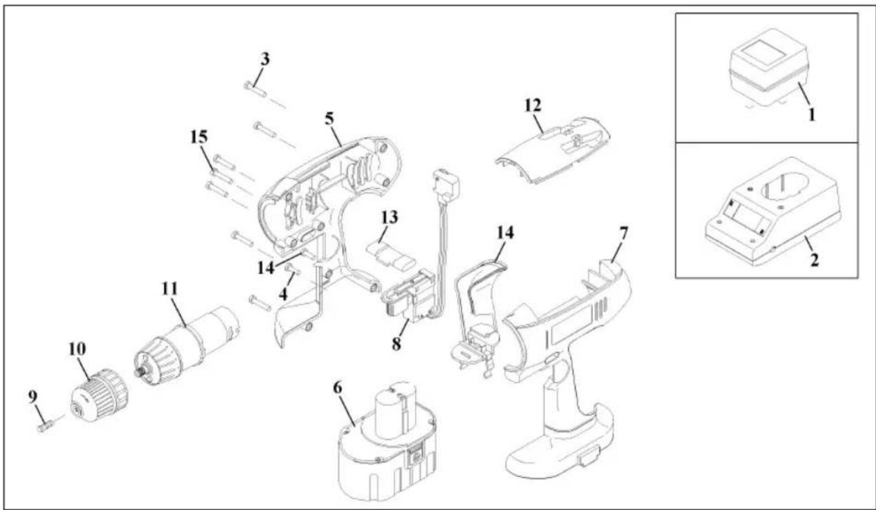 Exploded view diagram of a mechanical device with numbered parts, including a 3D model and its internal components.