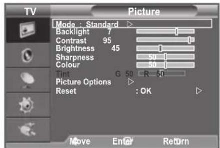 TV Picture Mode : Standard ▶ Backlight 7 Contrast 95 Brightness 45 Sharpness 50 Colour 50 Tint G 50 R 50 Picture Options ▶ Reset : OK ▶ Move En@ Return