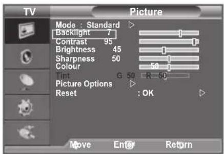 TV Picture Mode : Standard ▷ Backlight 7 Contrast 95 Brightness 45 Sharpness 50 Colour 50 Tint G 50 -R 50 Picture Options ▷ Reset : OK ▷ Move Enter Return