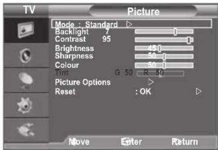 TV Picture Mode : Standard > Backlight 7 Contrast 95 Brightness 45 Sharpness 50 Colour 50 Tint G 50 R 50 Picture Options > Reset : OK Move Enter Return