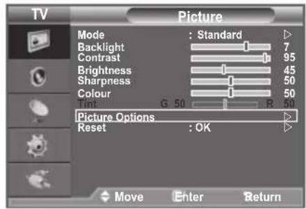 TV Picture Mode : Standard Backlight 7 Contrast 95 Brightness 45 Sharpness 50 Colour 50 Tint G 50 R 50 Picture Options Reset : OK Move Enter Return