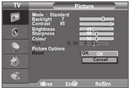 TV Picture Mode : Standard Backlight 7 Contrast 95 Brightness 45 Sharpness 50 Colour 50 Tint G 50 R 50 Picture Options Reset : OK OK Cancel Move Enter Return