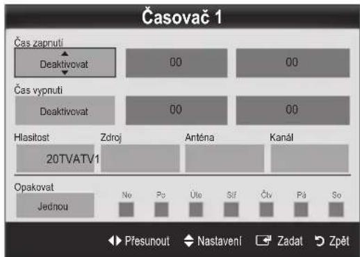 Časovač 1 Čas zapnutí Deaktivovat 00 00 Čas vypnutí Deaktivovat 00 00 Hlasitost 20TVATV1 Zdroj Anténa Kanál Opakovat Jednou No Po Ule Sif Čtv Pá So Přesunout Nastavení Zadat Zpět