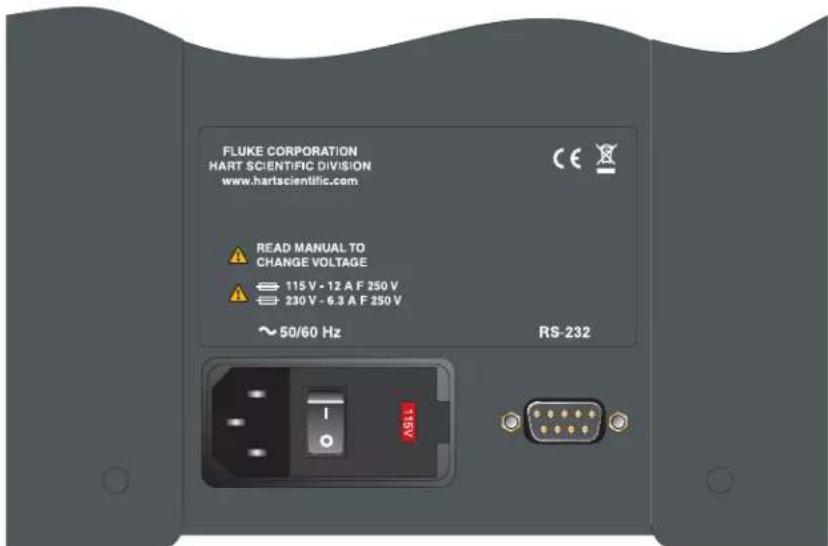 FLUKE CORPORATION HART SCIENTIFIC DIVISION www.hartscientific.com READ MANUAL TO CHANGE VOLTAGE 115 V - 12 A F 250 V 230 V - 6.3 A F 250 V ~ 50/60 Hz RS-232