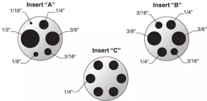 Insert "A" 1/16" 1/4" 1/2" 3/8" 1/8" 3/16" Insert "B" 3/16" 1/4" 3/8" 1/4" 3/16" Insert "C"