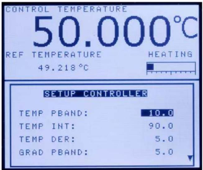 CONTROL TEMPERATURE 50.000°C REF TEMPERATURE HEATING 49.218°C SETUP CONTROLLER TEMP PBAND: 10.0 TEMP INT: 90.0 TEMP DER: 5.0 GRAD PBAND: 5.0