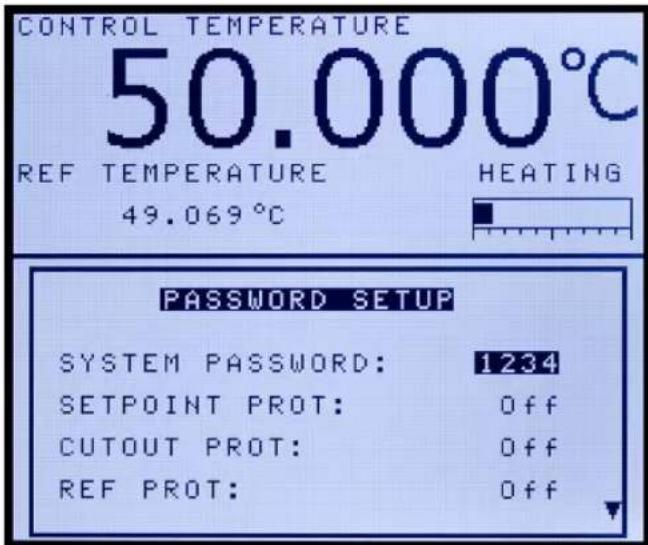 CONTROL TEMPERATURE 50.000°C REF TEMPERATURE HEATING 49.069°C PASSWORD SETUP SYSTEM PASSWORD: 1234 SETPOINT PROT: Off CUTOUT PROT: Off REF PROT: Off