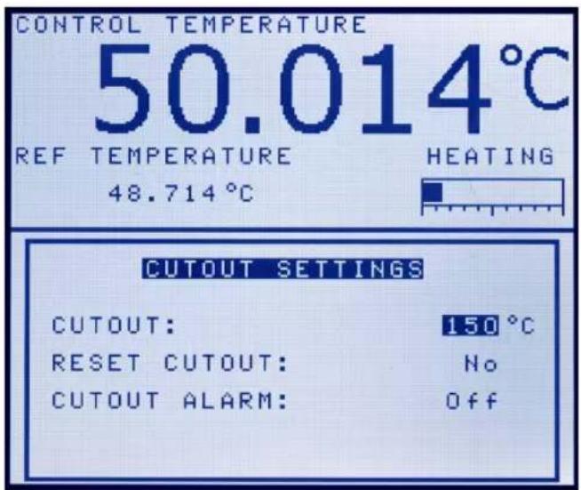 CONTROL TEMPERATURE 50.014°C REF TEMPERATURE HEATING 48.714°C CUTOUT SETTINGS CUTOUT: 150 °C RESET CUTOUT: No CUTOUT ALARM: Off