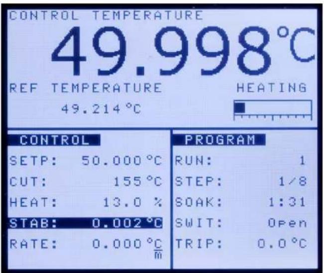 CONTROL TEMPERATURE 49.998°C REF TEMPERATURE HEATING 49.214°C CONTROL SETP: 50.000°C CUT: 155°C HEAT: 13.0 % STAB: 0.002°C RATE: 0.000°C PROGRAM RUN: 1 STEP: 1/8 SOAK: 1:31 SWIT: Open TRIP: 0.0°C