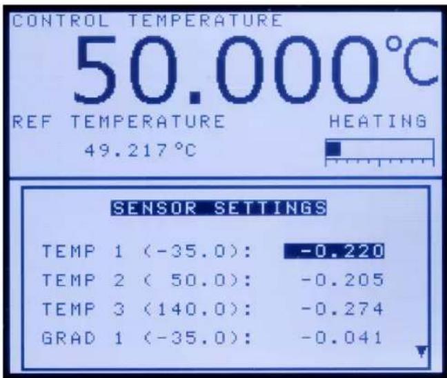 CONTROL TEMPERATURE 50.000°C REF TEMPERATURE HEATING 49.217°C SENSOR SETTINGS TEMP 1 (-35.0): -0.220 TEMP 2 (50.0): -0.205 TEMP 3 (140.0): -0.274 GRAD 1 (-35.0): -0.041