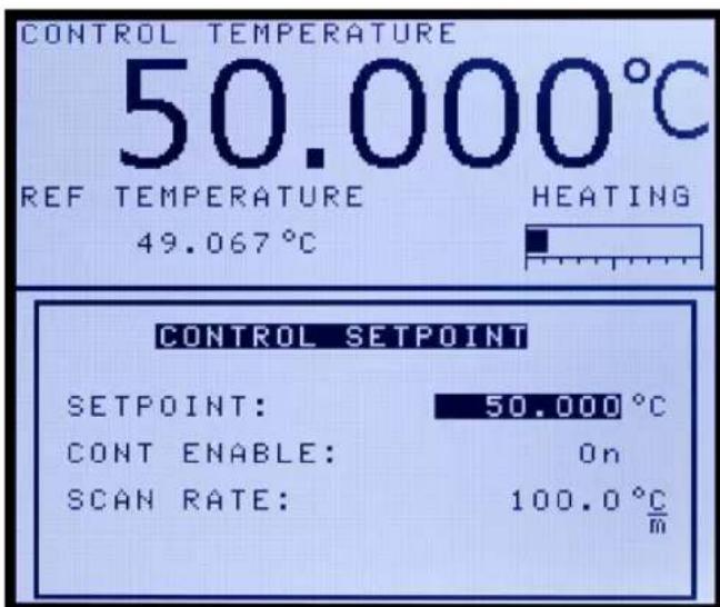 CONTROL TEMPERATURE 50.000°C REF TEMPERATURE HEATING 49.067°C CONTROL SETPOINT SETPOINT: 50.000°C CONT ENABLE: On SCAN RATE: 100.0°C/m