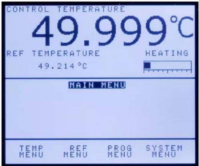 CONTROL TEMPERATURE 49.999°C REF TEMPERATURE HEATING 49.214°C MAIN MENU TEMP REF PROG SYSTEM MENU MENU MENU MENU