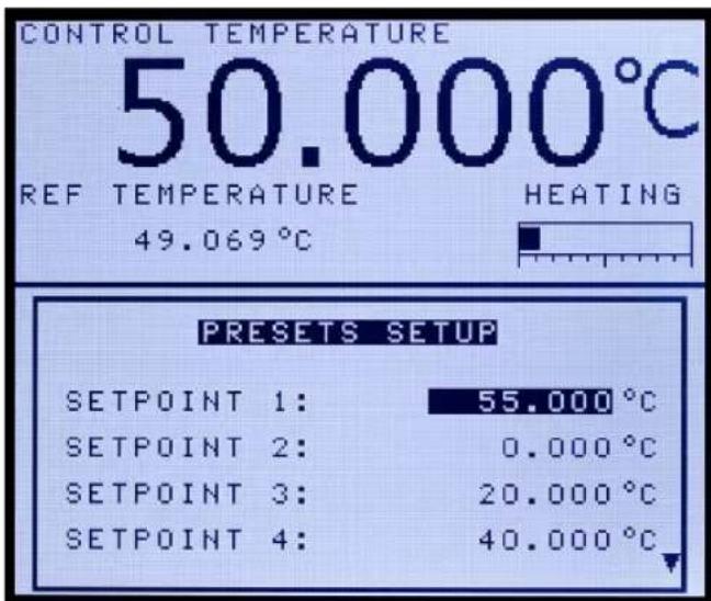 CONTROL TEMPERATURE 50.000°C REF TEMPERATURE HEATING 49.069°C PRESETS SETUP SETPOINT 1: 55.000 °C SETPOINT 2: 0.000 °C SETPOINT 3: 20.000 °C SETPOINT 4: 40.000 °C