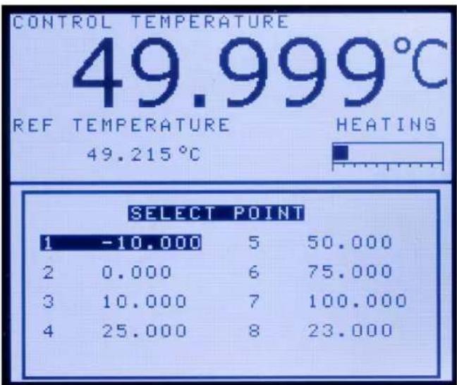CONTROL TEMPERATURE 49.999°C REF TEMPERATURE HEATING 49.215°C SELECT POINT 1 -10.000 5 50.000 2 0.000 6 75.000 3 10.000 7 100.000 4 25.000 8 23.000