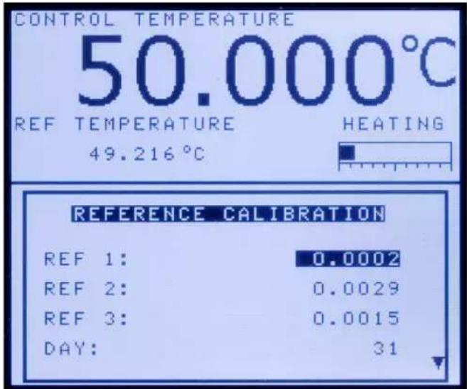CONTROL TEMPERATURE 50.000°C REF TEMPERATURE HEATING 49.216°C REFERENCE CALIBRATION REF 1: 0.0002 REF 2: 0.0029 REF 3: 0.0015 DAY: 31