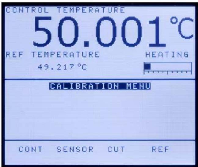 CONTROL TEMPERATURE 50.001°C REF TEMPERATURE HEATING 49.217°C CALIBRATION MENU CONT SENSOR CUT REF