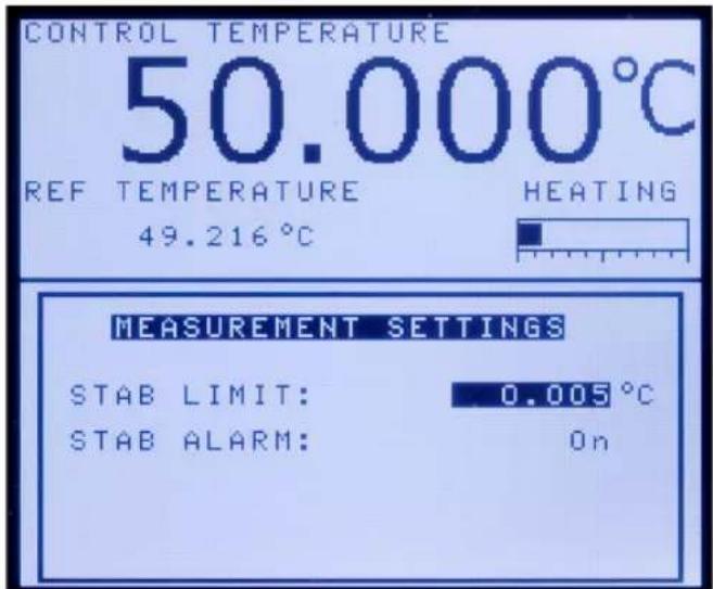 CONTROL TEMPERATURE 50.000°C REF TEMPERATURE HEATING 49.216°C MEASUREMENT SETTINGS STAB LIMIT: 0.005°C STAB ALARM: On