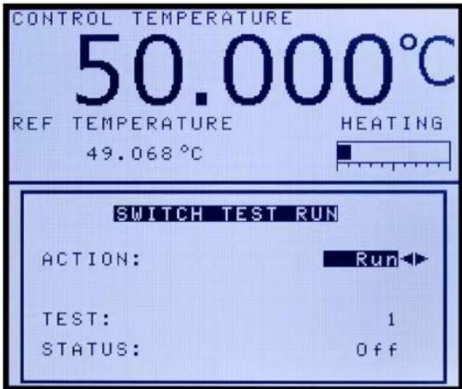 CONTROL TEMPERATURE 50.000°C REF TEMPERATURE HEATING 49.068°C SWITCH TEST RUN ACTION: Run TEST: 1 STATUS: Off