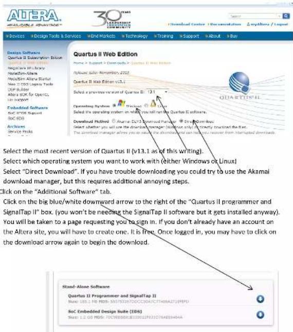 Altera AVAILABLE SOFTWARE 30 YEARS Download Center | Documentation | MySQL / Lograr Devices | Design Tools & Services | End Markets | Technology | Training | Support | About | Buy Design Software Quartus II Subscription Edition Google Library Nanom-Gen WebSim Altera Scriptur Web ID/EDS Lograr Tools DCP Builder Alco SDK for Graphics Log Support Embedded Software SoC PDF Support SoC EDS Archives Service Tools Quartus II Web Edition Name > Support > Downloads > Quartus II Web Edition Application Solar: Amazonian, 2015 Quartus II Web Edition v3.1 Select a previous version of Quartus II v13.1 Operating System > Windows > Linux Select the operating system on which you will run the Quartus II software. Download Pdired > Akanai DLS/Download Manager > One Download Select whether you will use the downloads manager (YouNow only is strictly threaded the file) The download manager allows you to save the downloads can help you recover from interrupted downloads Select the most recent version of Quartus II (v13.1 as of this writing). Select which operating system you want to work with (either Windows or Linux) Select "Direct Download". If you have trouble downloading you could try to use the Akamai download manager, but this requires additional annoying steps. Click on the "Additional Software" tab. Click on the big blue/white downward arrow to the right of the "Quartus II programmer and SignalTap II" box. (you won't be needing the SignalTap II software but it gets installed anyway). You will be taken to a page requesting you to sign in. If you don't already have an account on the Altera site, you will have to create one. It is free. Once logged in, you may have to click on the download arrow again to begin the download. Stead-Alone Software Quartus II Programmer and SignalTap II Share: EDS 1.0 PS: 637833070000A/CTT48A21JMPU SoC Embedded Design Suite (EDS) Share: 1.0 PS: 637833070000A/CTT48A21JMPU