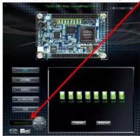 Circuit board image with red arrow pointing to a 7-segment display and control buttons below