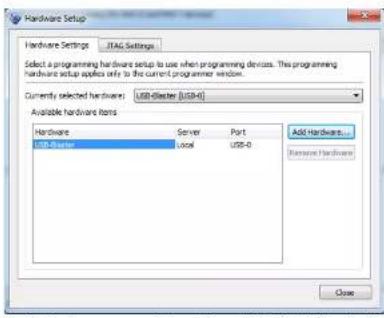 Hardware Setup Hardware Settings JTAG Settings Select a programming hardware setup to use when programming devices. This programming hardware setup applies only to the current programmer window. Currently selected hardware: USB-Dister (USB-0) Available hardware items Hardware Server Port USB-Dister Local USB-0 Add Hardware... Remove Hardware Close