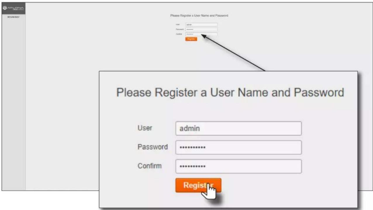 Please Register a User Name and Password User: admin Password: ******** Confirm: ******** Register