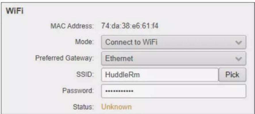 WiFi MAC Address: 74:da:38:e6:61:f4 Mode: Connect to WiFi Preferred Gateway: Ethernet SSID: HuddleRm Pick Password: ............. Status: Unknown