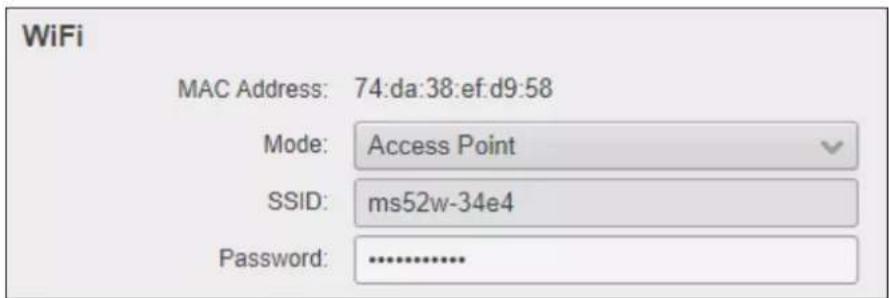 WiFi MAC Address: 74:da:38:ef:d9:58 Mode: Access Point SSID: ms52w-34e4 Password: ............