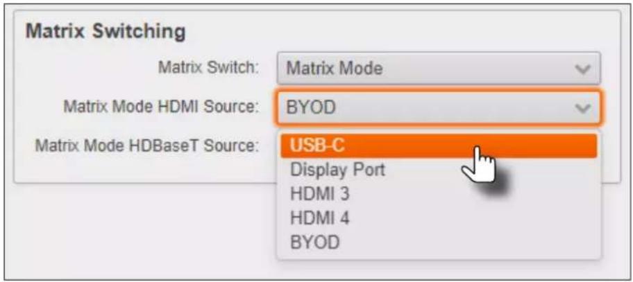 Matrix Switching Matrix Switch: Matrix Mode Matrix Mode HDMI Source: BYOD Matrix Mode HDBaseT Source: USB-C Display Port HDMI 3 HDMI 4 BYOD