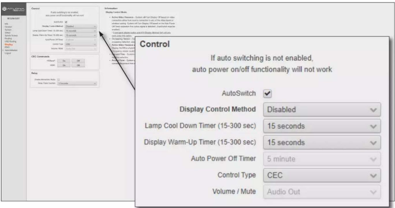 ATLIONA Control Auto switching is not enabled. Auto power off load/usually off load AutoSwitch Display Control Method LED/LED Lamp Cool Down Timer (15-300 sec) Display Warm-Up Timer (15-300 sec) Auto Power Off Timer CESC Volume / Mute CEC Commands FCH/CHT On Off HOME On On Relay Zithine MinimINARY Note New, Rate Duration 1 Seconds Information Display Control Mode: • Active White Presence - Button will turn Display Off based on other consultation after turn starts connector to any of the white ports in window setting. System will turn Display Off based on the Auto Power Off Time selection for active signal is detected. (AutoSwitch must be enabled). • Load speed, drive output and 60% Display Method set will also end until file action. • Occupancy Services - For supplying selection, and • Active White Preference - Display On/OFF is a hybrid Display On/OFF is a hybrid Display On/OFF is a hybrid Display On/OFF is a hybrid Display On/OFF is a hybrid Display On/OFF is a hybrid Display On/OFF is a hybrid Display On/OFF is a hybrid Display On/OFF is a hybrid Display On/OFF is a hybrid Display On/OFF is a hybrid Display On/OFF is a hybrid Display On/OFF is a hybrid Display On/Off: System control should have a Control If auto switching is not enabled, auto power on/off functionality will not work AutoSwitch Display Control Method Disabled Lamp Cool Down Timer (15-300 sec) 15 seconds Display Warm-Up Timer (15-300 sec) 15 seconds Auto Power Off Timer 5 minute Control Type CEC Volume / Mute Audio Out