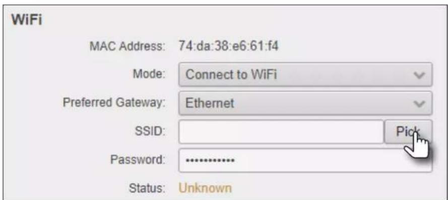WiFi MAC Address: 74:da:38:e6:61:f4 Mode: Connect to WiFi Preferred Gateway: Ethernet SSID: Password: .......... Status: Unknown