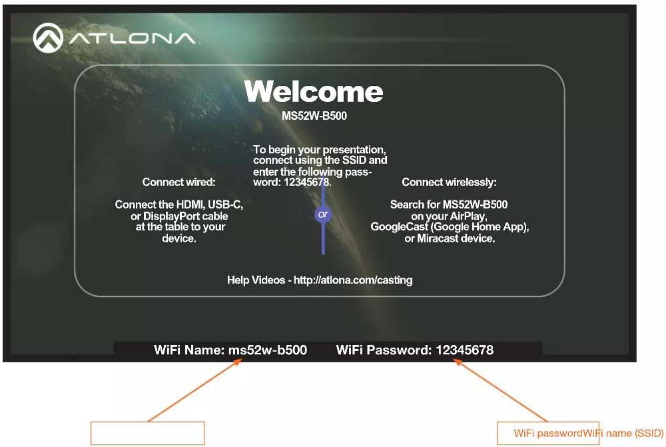 Welcome MS52W-B500 To begin your presentation, connect using the SSID and enter the following pass- word: 12345678. Connect wired: Connect the HDMI, USB-C, or DisplayPort cable at the table to your device. or Connect wirelessly: Search for MS52W-B500 on your AirPlay, GoogleCast (Google Home App), or Miracast device. Help Videos - http://atlona.com/casting WiFi Name: ms52w-b500 WiFi Password: 12345678 WiFi passwordWiFi name (SSID)