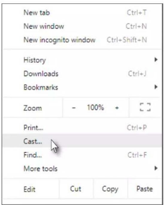 New tab Ctrl+T New window Ctrl+N New incognito window Ctrl+Shift+N History Downloads Ctrl+J Bookmarks Zoom - 100% + Print... Ctrl+P Cast... Find... Ctrl+F More tools Edit Cut Copy Paste