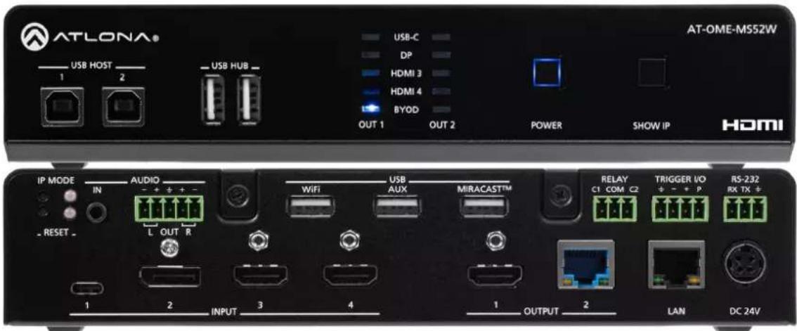 ATLONA® — USB HOST — 1 2 — USB HUB — USB-C DP HDMI 3 HDMI 4 BYOD OUT 1 OUT 2 POWER SHOW IP HDMI IP MODE IN AUDIO - + + + - L OUT R WIFI USB AUX MIRACAST™ - RESET - 1 2 INPUT 3 4 1 OUTPUT 2 LAN DC 24V RELAY C1 COM C2 TRIGGER I/O RS-232 RX TX ÷